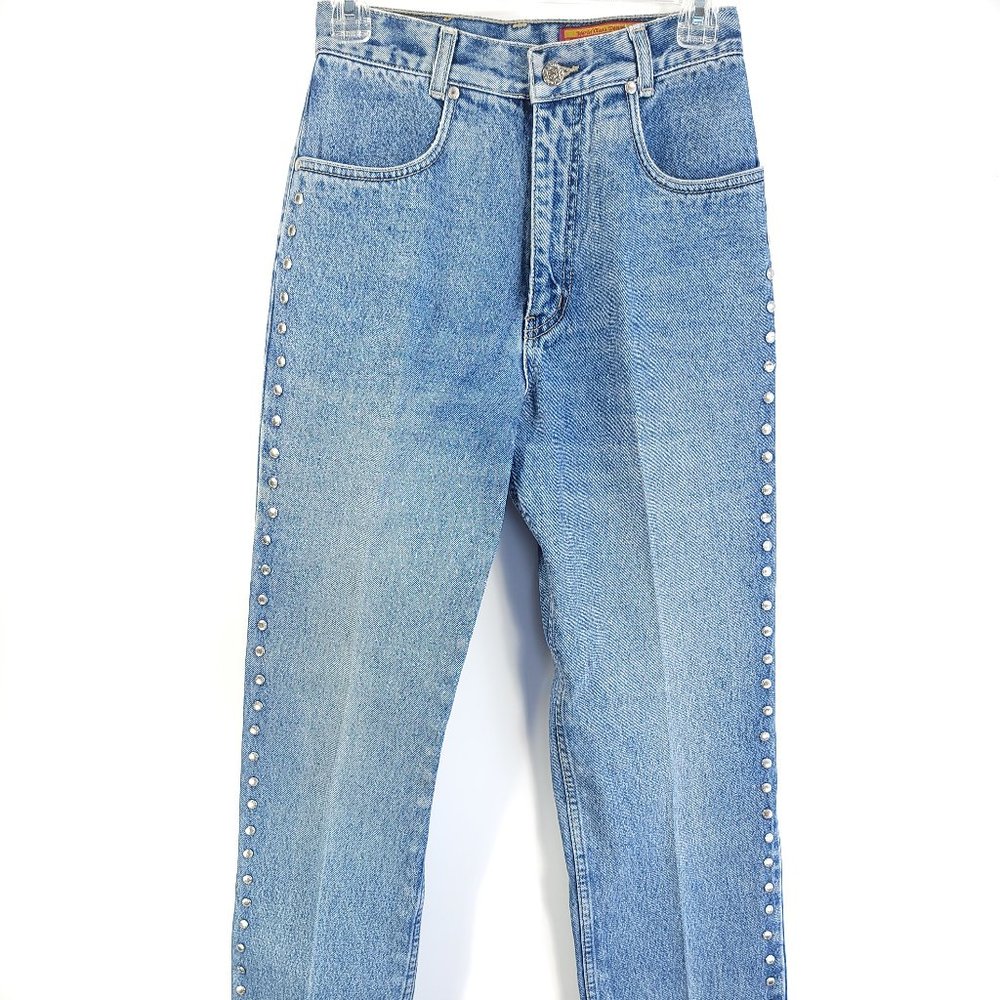 Vtg Lawman Western Jeans Junior's 7 Blue Denim Distressed Faded Embellished